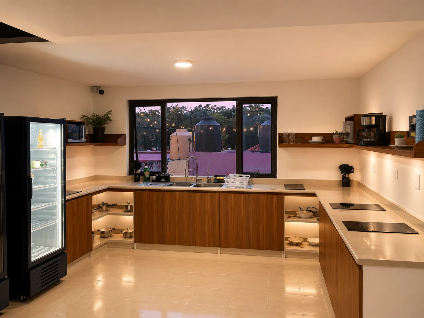 Cocina compartida de Vibe Living — refrigeradores con puerta de cristal y parrillas de inducción